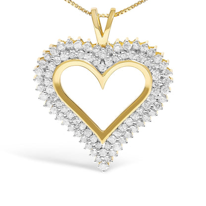Front-facing close-up of a yellow metal heart-shaped necklace pendant outlined with round white gemstones in a prong setting.