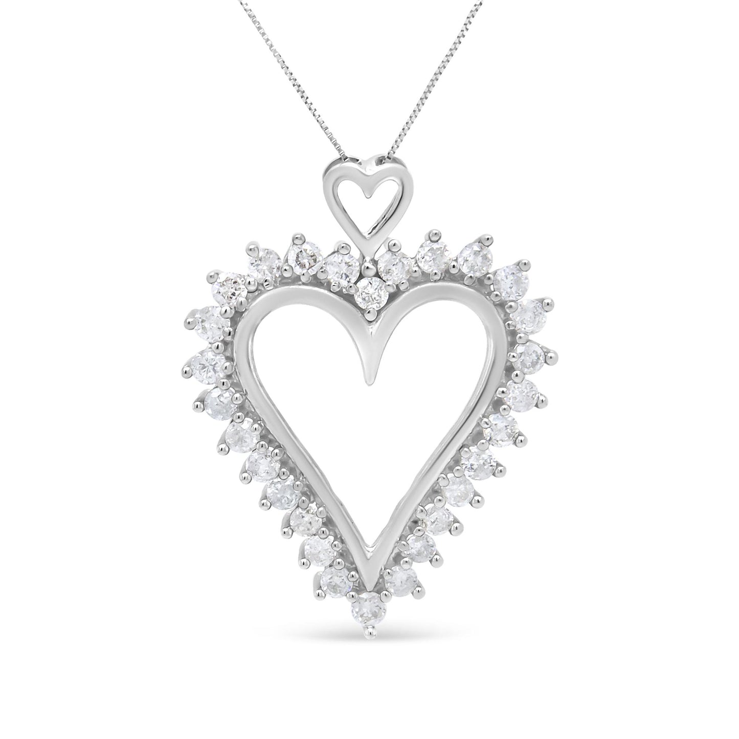Front view of a white metal heart-shaped necklace pendant outlined with round white gemstones in prong settings.