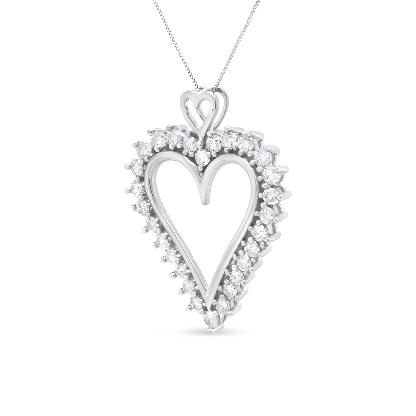 White metal heart-shaped pendant necklace with round white gemstones set around the edge in prong settings, shown in a front-facing close-up view.