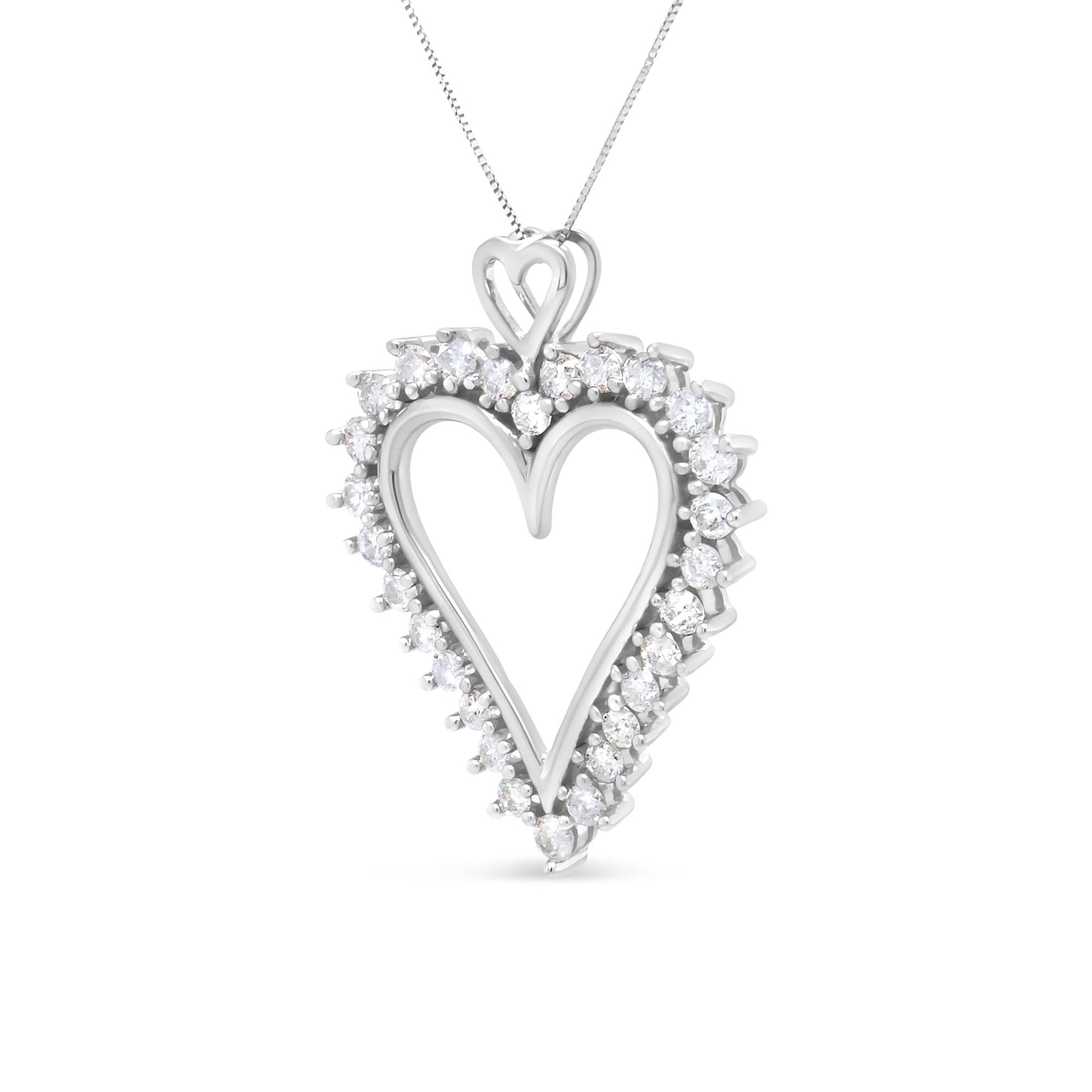 White metal heart-shaped pendant necklace with round white gemstones set around the edge in prong settings, shown in a front-facing close-up view.
