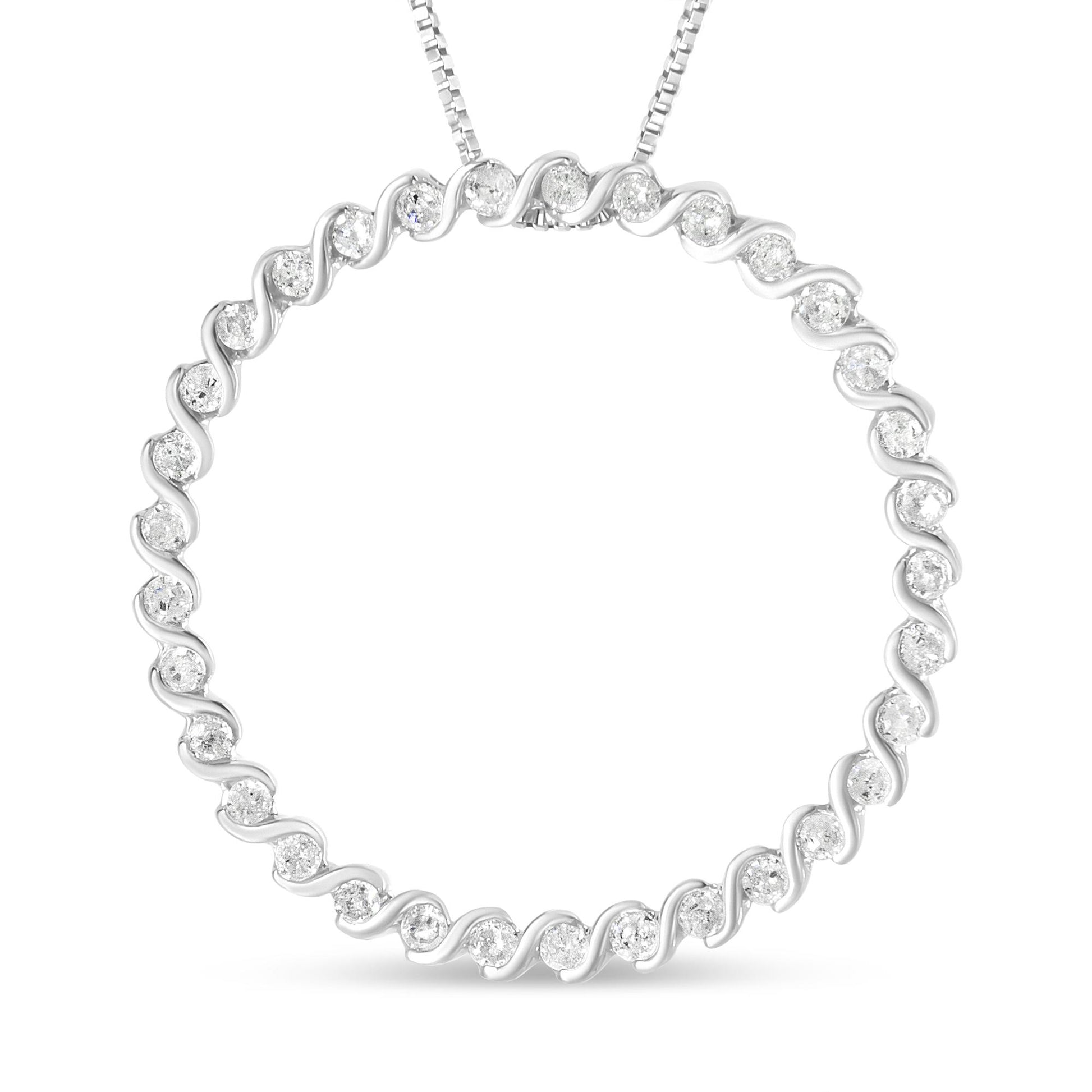 Front-facing shot of a white necklace with a circular design featuring round white gemstones in prong settings alternating with twisted metal links.