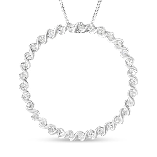 Front-facing shot of a white necklace with a circular design featuring round white gemstones in prong settings alternating with twisted metal links.
