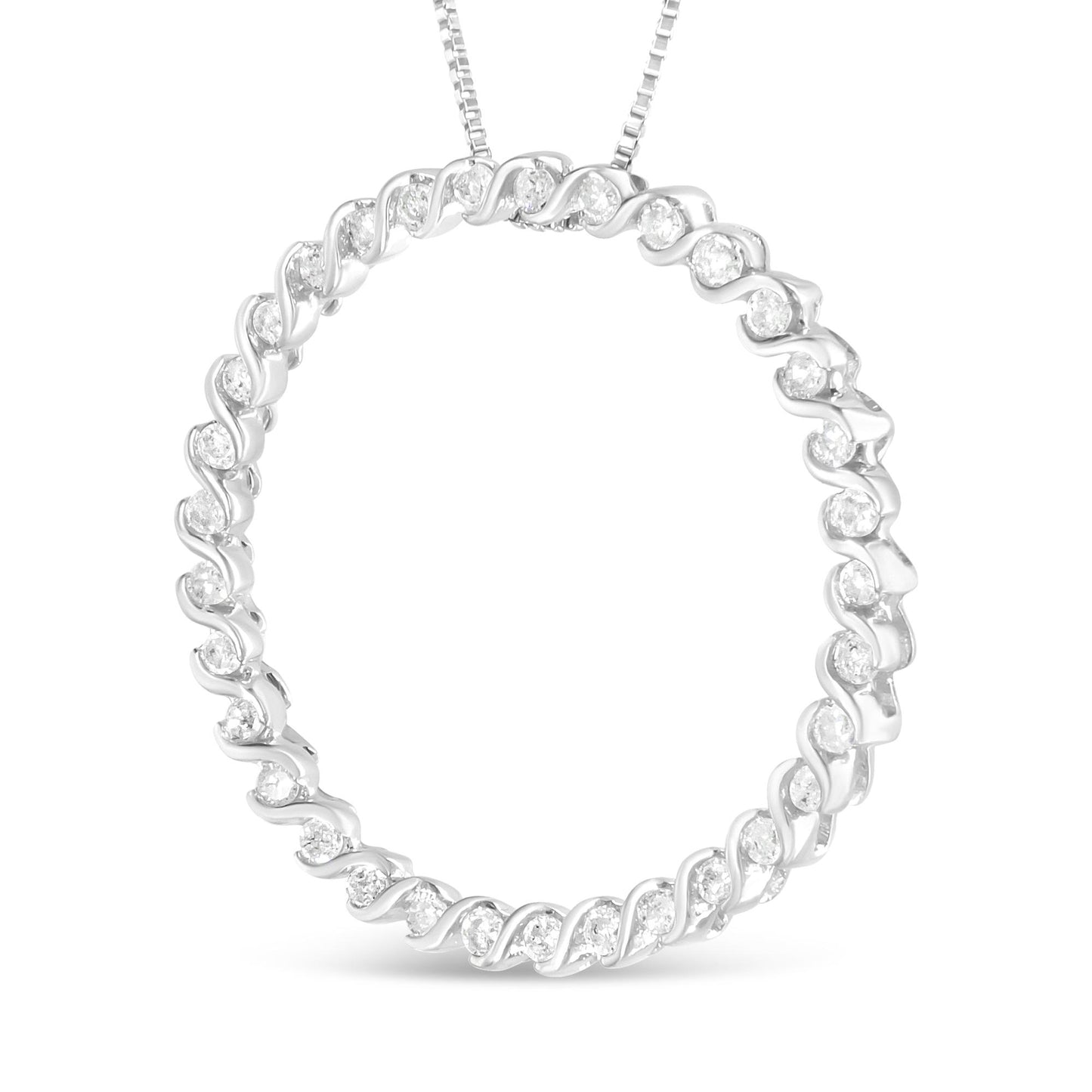 Close-up front view of a white metal circular necklace pendant with round white gemstones set in a prong setting in a twisted pattern.