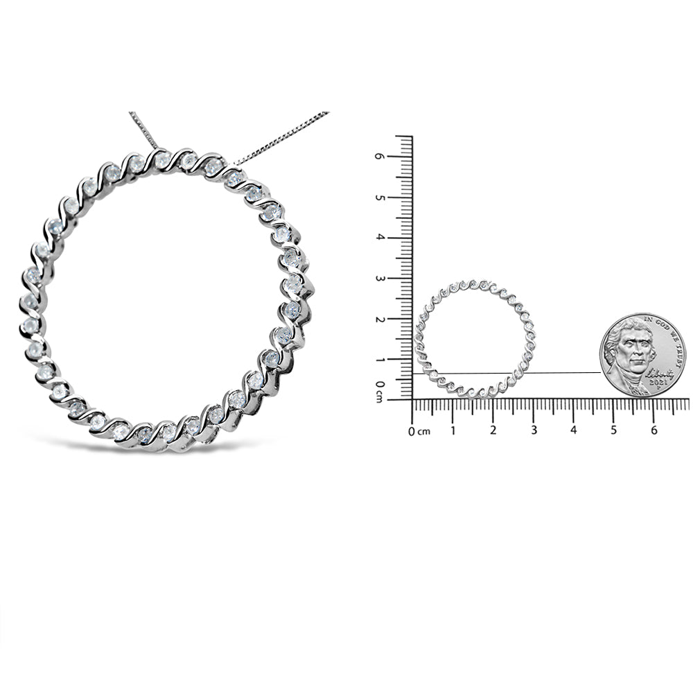 Front angled view of a white necklace with a circular design featuring round white gemstones in prong settings, shown next to a ruler and a coin for size reference.