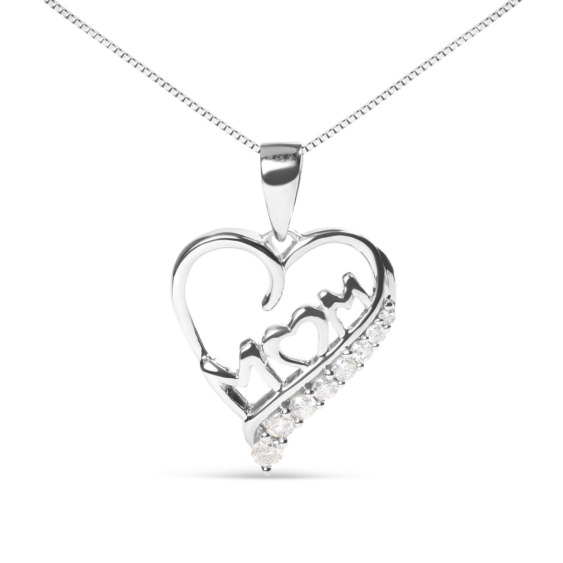 Front-facing view of white metal heart-shaped necklace pendant with the word 'MOM' inside, featuring round white gemstones in prong settings along one side and within the design.