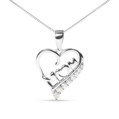 Front-facing view of white metal heart-shaped necklace pendant with the word 'MOM' inside, featuring round white gemstones in prong settings along one side and within the design.