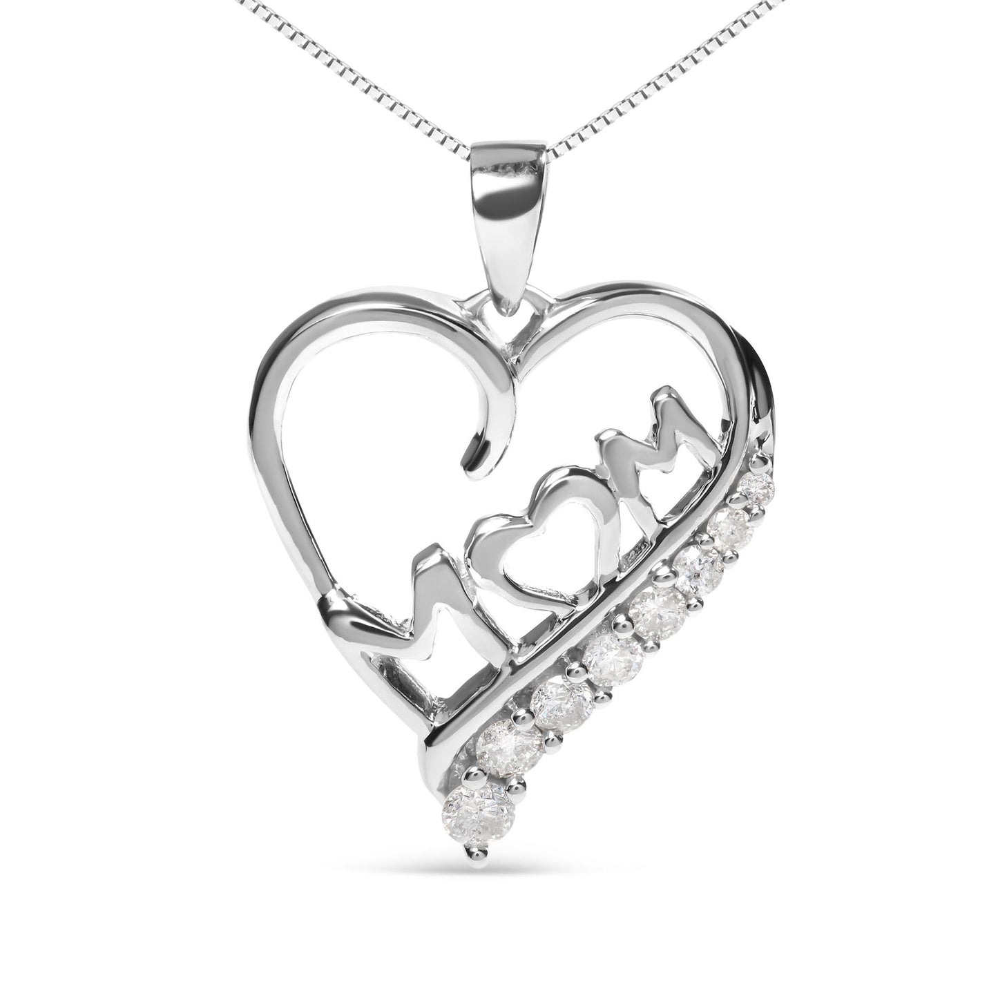 White metal heart-shaped necklace pendant with 'MOM' and a heart cutout, accented by a diagonal row of round white gemstones, shown in a front view.