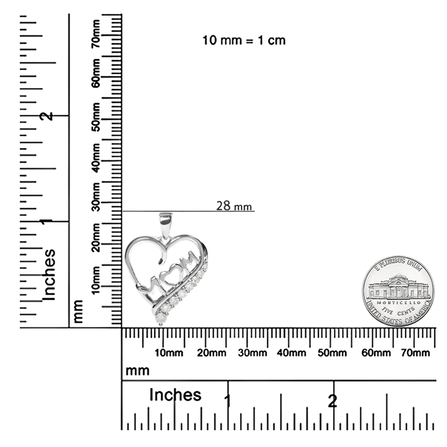 Close-up front view of a white metal heart-shaped necklace pendant with the word 'Mom' inside, featuring two rows of round white gemstones in prong settings along one side, placed on a ruler and scale for size reference.