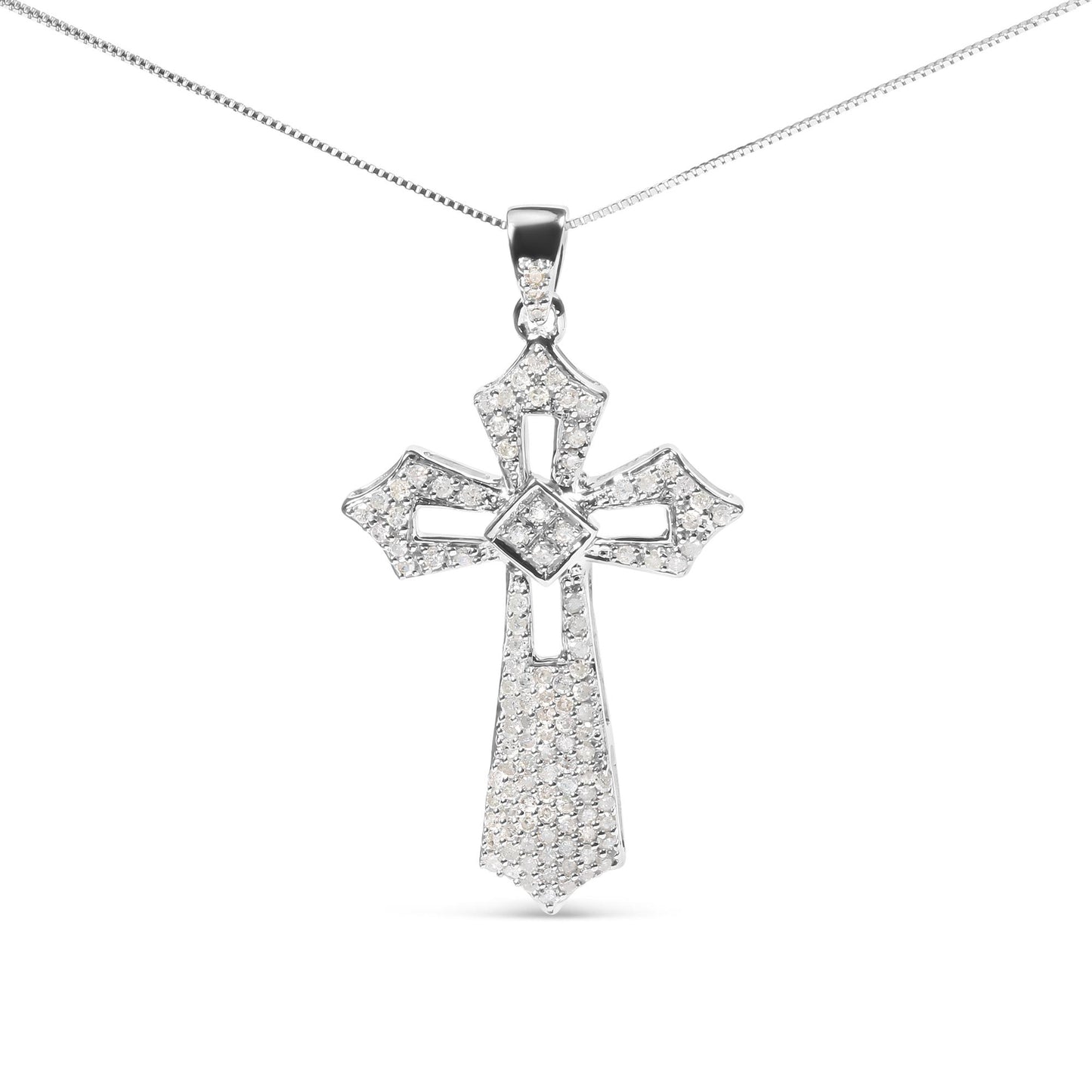 Front-facing white metal cross-shaped necklace pendant with round white gemstones in prong settings, shown against a white background.