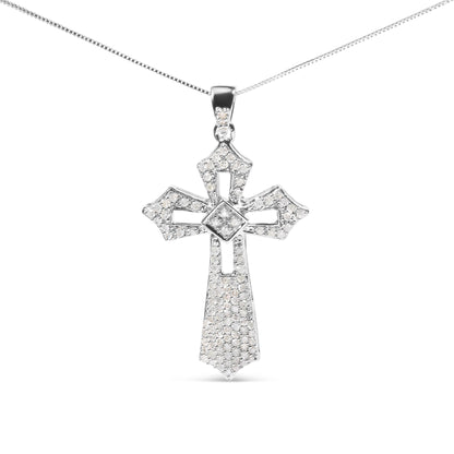 Front-facing white metal cross-shaped necklace pendant with round white gemstones in prong settings, shown against a white background.