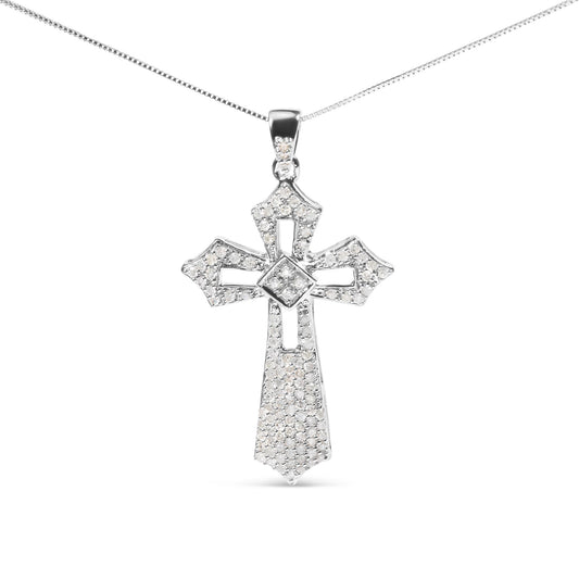 Front-facing white metal cross-shaped necklace pendant with round white gemstones in prong settings, shown against a white background.