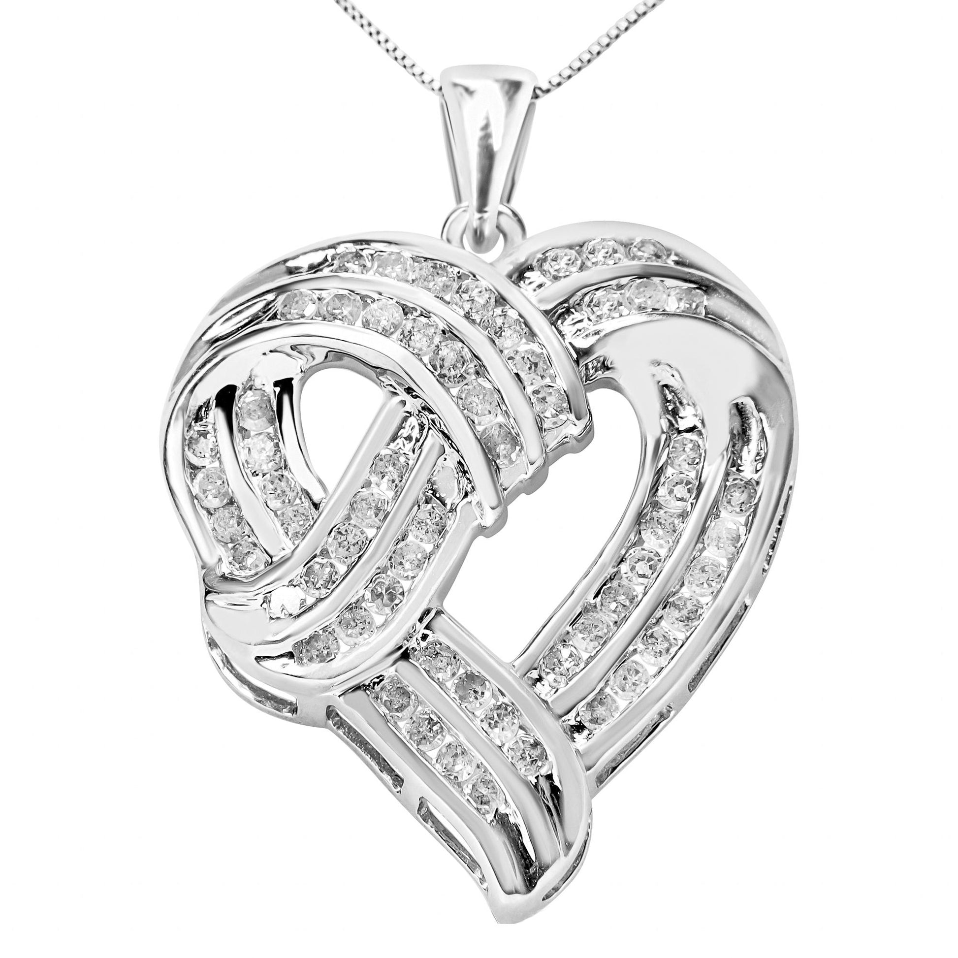 Close-up front view of a white metal heart-shaped necklace pendant with intertwined bands set with round white gemstones in prong settings.
