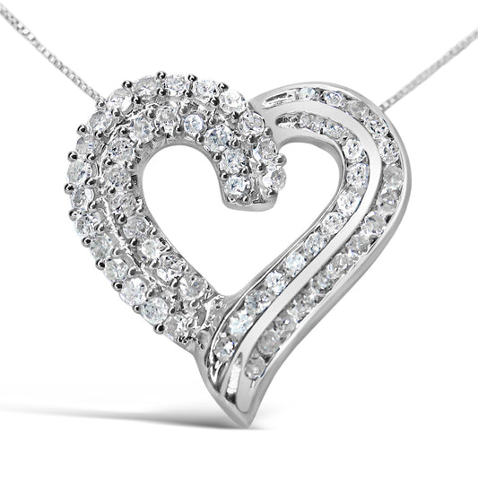 Close-up front view of a white metal heart-shaped necklace pendant with two rows of round white gemstones in prong settings on one side and two rows of round white gemstones in channel settings on the other side.