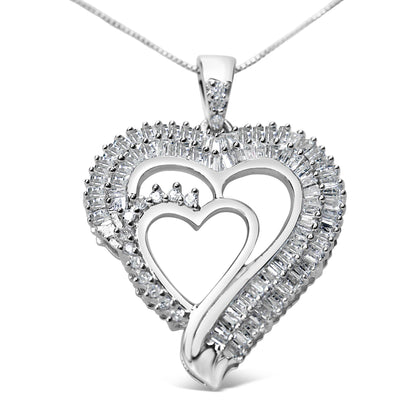 Close-up front angle of a white metal heart-shaped necklace pendant featuring two open hearts adorned with round gemstones in prong settings and baguette gemstones in channel settings.