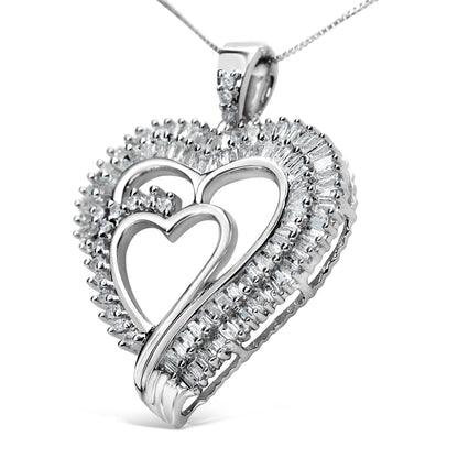 Close-up angled view of a white metal heart-shaped necklace pendant featuring two intertwined open hearts surrounded by white round prong-set gemstones and white baguette channel-set gemstones.