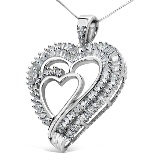 Close-up angled view of a white metal heart-shaped necklace pendant featuring two intertwined open hearts surrounded by white round prong-set gemstones and white baguette channel-set gemstones.