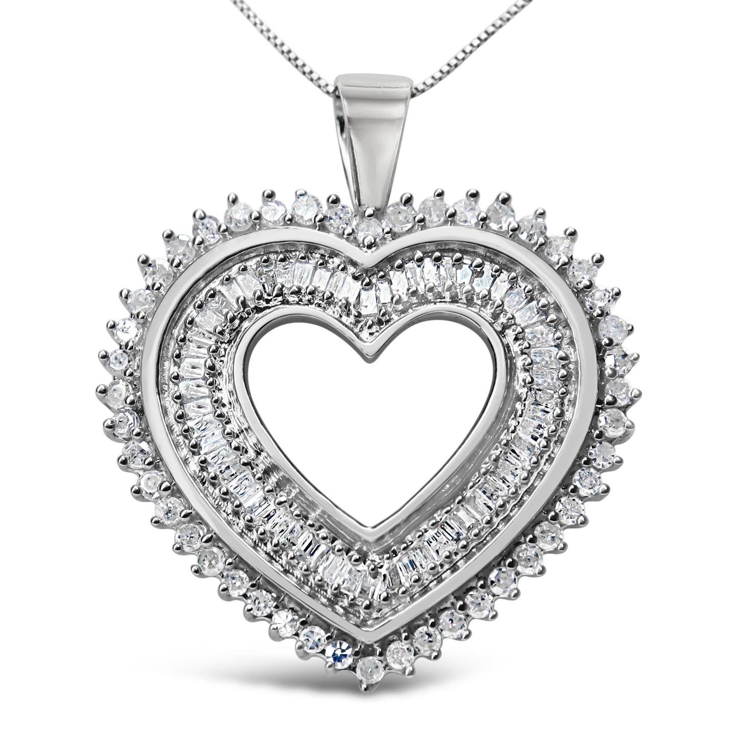 Close-up front view of a white metal heart-shaped necklace pendant featuring two rows of white round prong-set gemstones on the outer edge and one row of white baguette channel-set gemstones in the center.