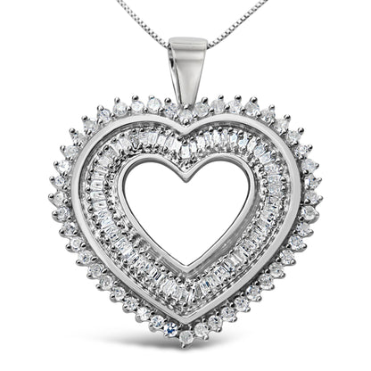 Close-up front view of a white metal heart-shaped necklace pendant featuring two rows of white round prong-set gemstones on the outer edge and one row of white baguette channel-set gemstones in the center.