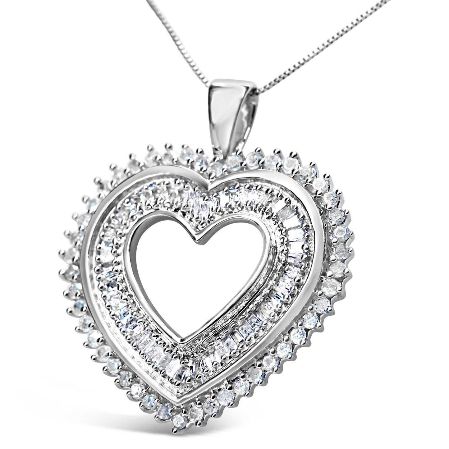 Close-up front angle of a white metal heart-shaped necklace pendant with two rows of white round prong-set gemstones surrounding a row of white baguette channel-set gemstones in the center.