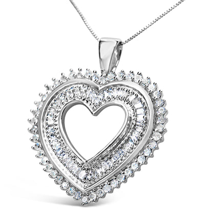 Close-up front angle of a white metal heart-shaped necklace pendant with two rows of white round prong-set gemstones surrounding a row of white baguette channel-set gemstones in the center.