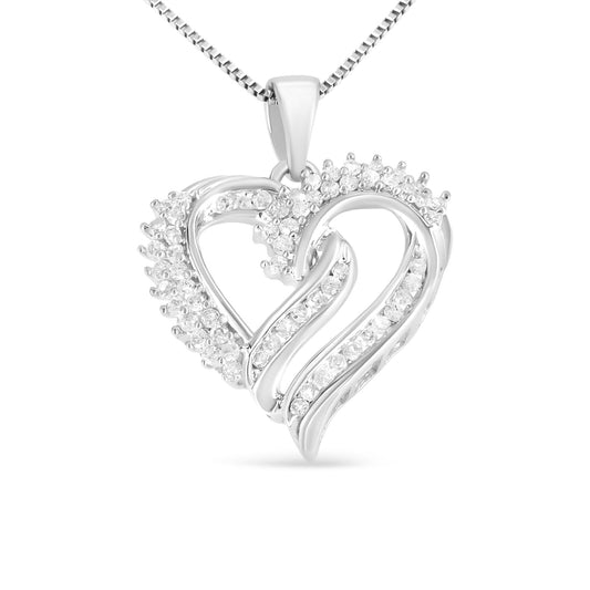 Front view of a white metal heart-shaped necklace pendant featuring round white gemstones in prong and channel settings on a chain.