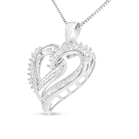 Close-up front angle of a white necklace pendant in an open heart shape featuring round white gemstones set in prong and channel settings along the curves.
