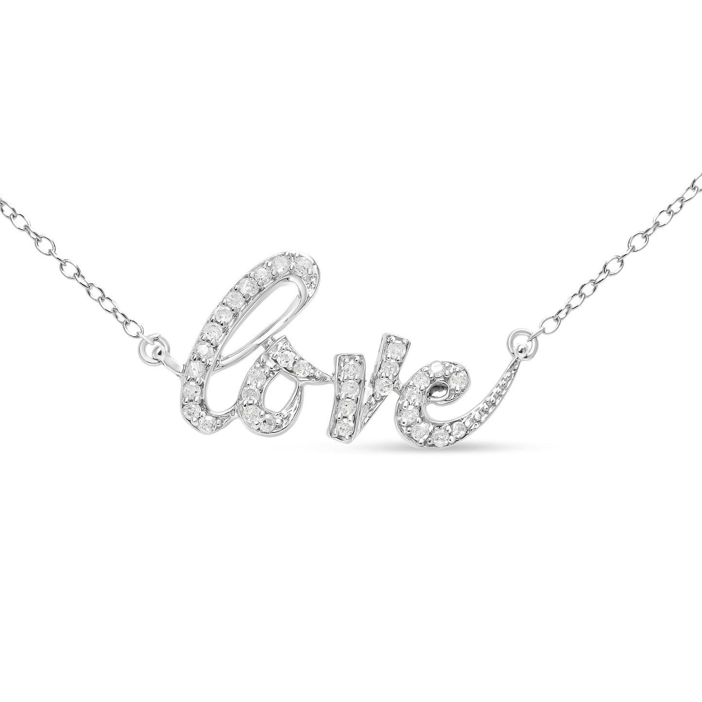 White metal necklace with the word 'love' spelled out in script, each letter covered with round white gemstones in prong settings, shown from a front angle.
