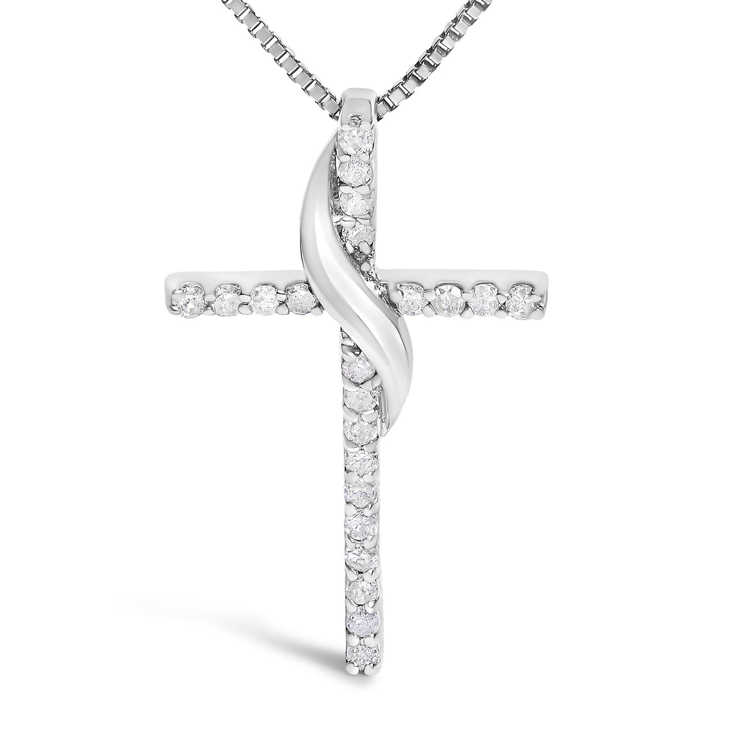 Front view of a white metal cross necklace pendant with round white gemstones set in prong settings along the horizontal and vertical bars, featuring a twisted metal accent, shown against a white background.