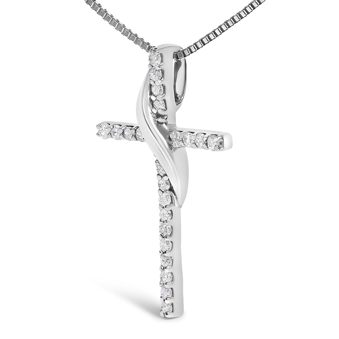 Front angle close-up of a white metal cross-shaped necklace pendant adorned with round white gemstones in prong settings.