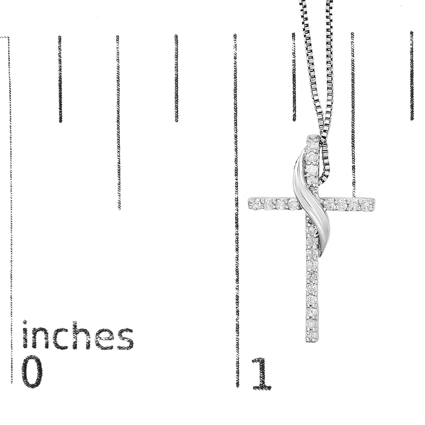 White metal necklace with a cross pendant featuring white round gemstones in prong setting, displayed flat on a ruler for size reference, front angle.