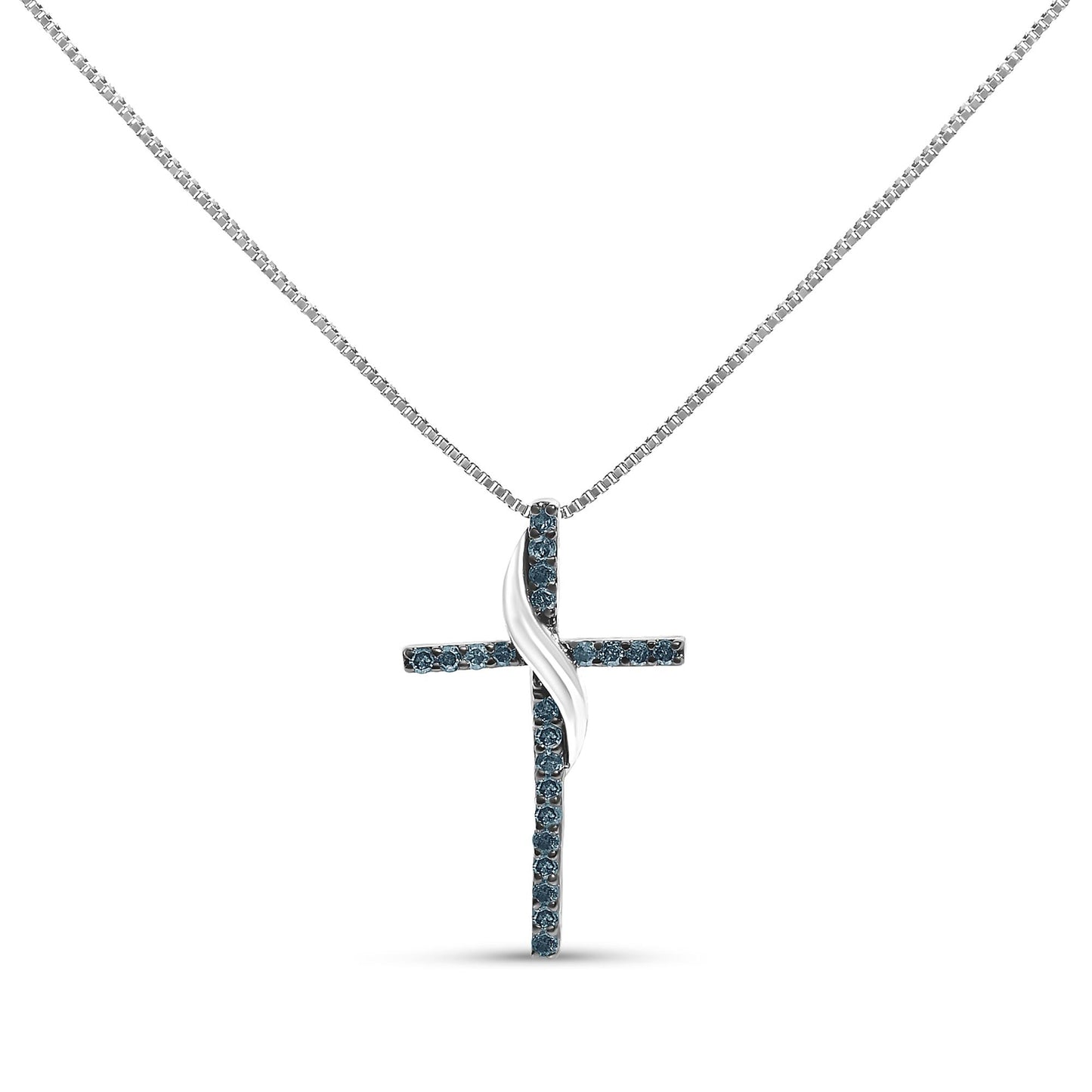 Front-facing shot of a white necklace with a cross pendant featuring round blue gemstones in prong settings and a twisted metal accent in the center.