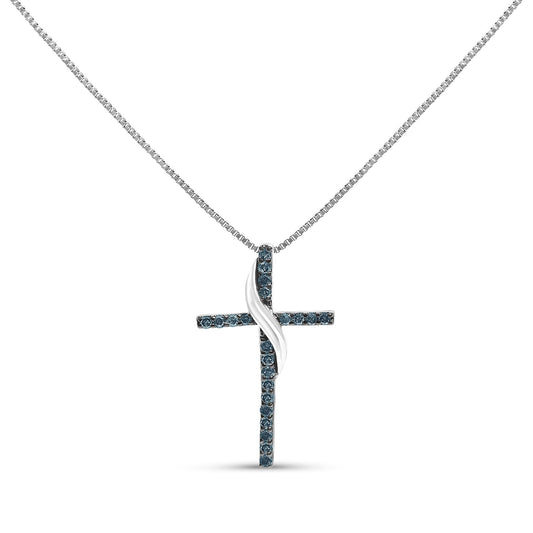 Front-facing shot of a white necklace with a cross pendant featuring round blue gemstones in prong settings and a twisted metal accent in the center.