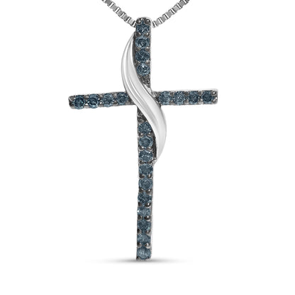 Front angle view of a white metal cross-shaped necklace pendant with blue round gemstones in prong settings along the cross, featuring a twisted metal detail in the center.