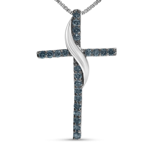Front angle view of a white metal cross-shaped necklace pendant with blue round gemstones in prong settings along the cross, featuring a twisted metal detail in the center.