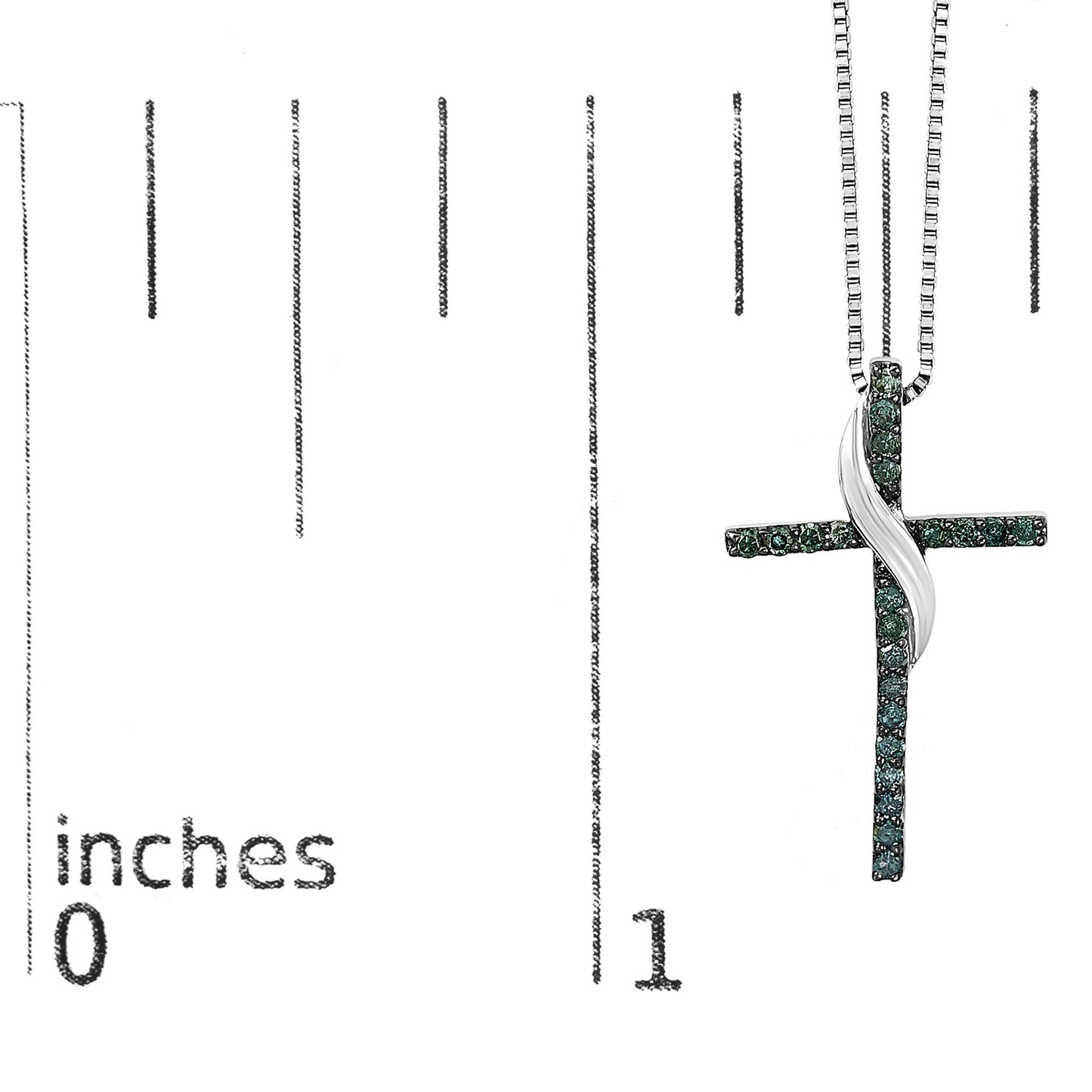 White metal cross necklace with blue round gemstones in prong settings, displayed hanging over a ruler for size reference, shot from the front.
