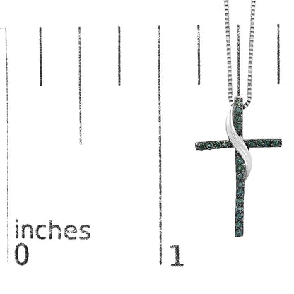 White metal cross necklace with blue round gemstones in prong settings, displayed hanging over a ruler for size reference, shot from the front.