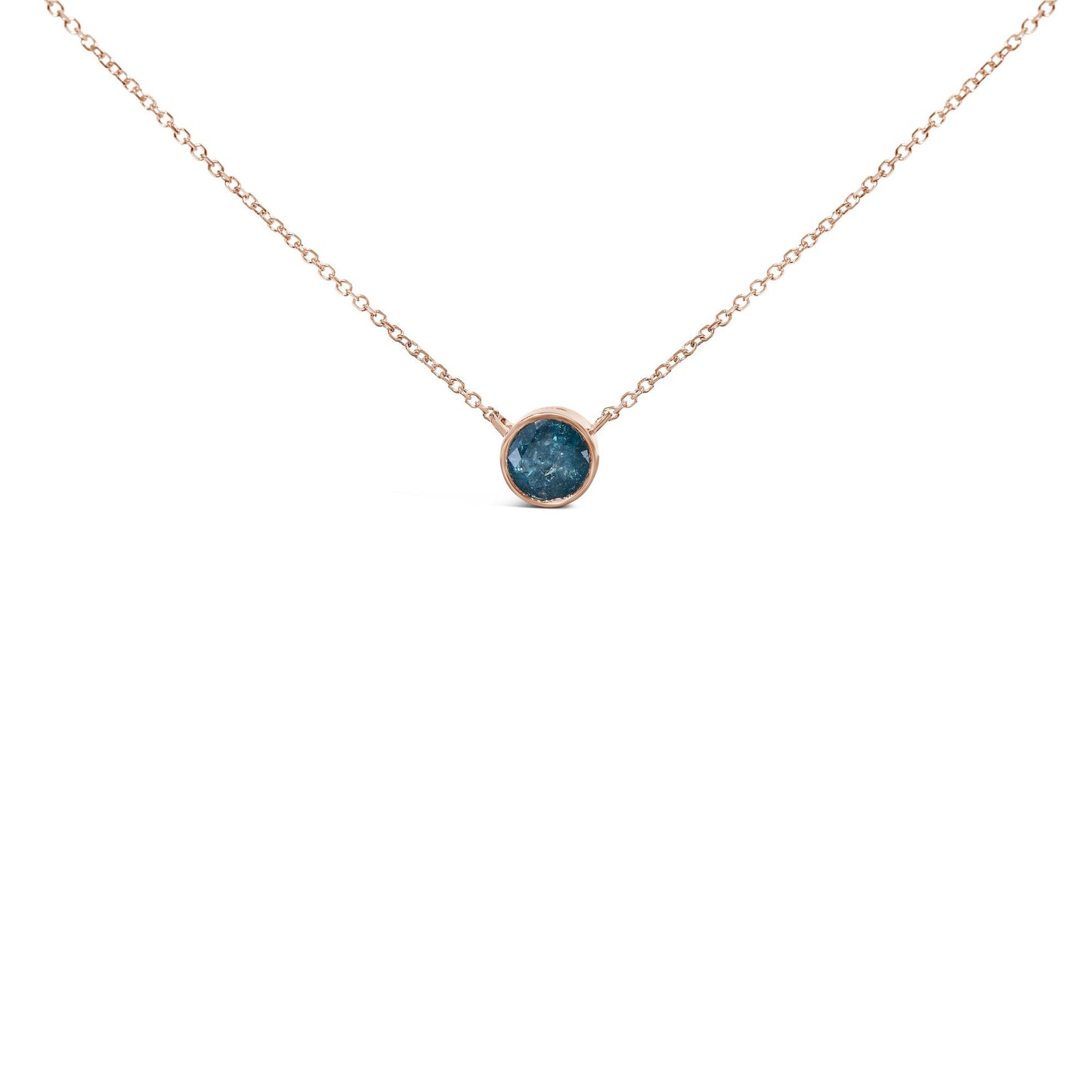 Close-up front view of a rose-colored necklace with a round blue gemstone set in a bezel setting, shown on a white background.