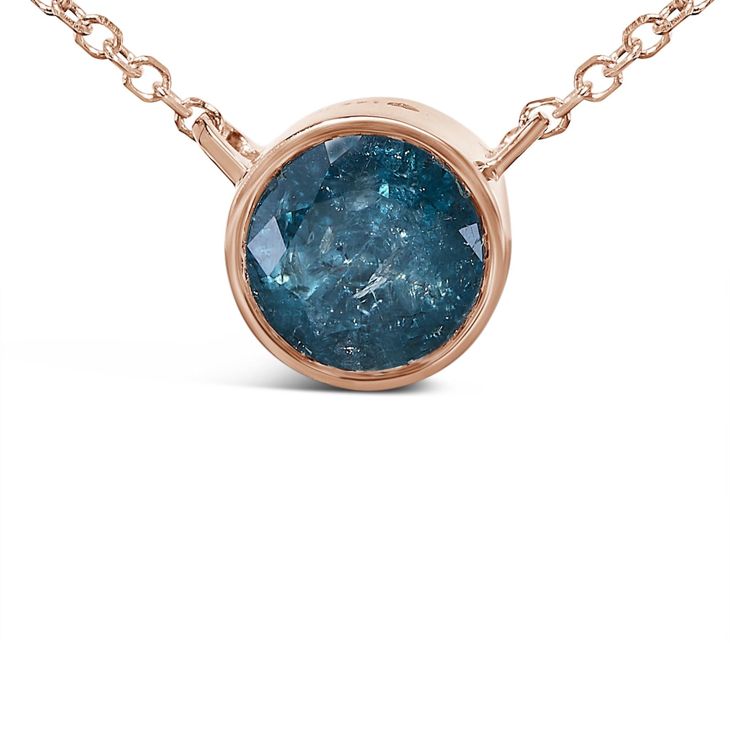 Close-up front view of a rose metal necklace with a round blue gemstone in a bezel setting.