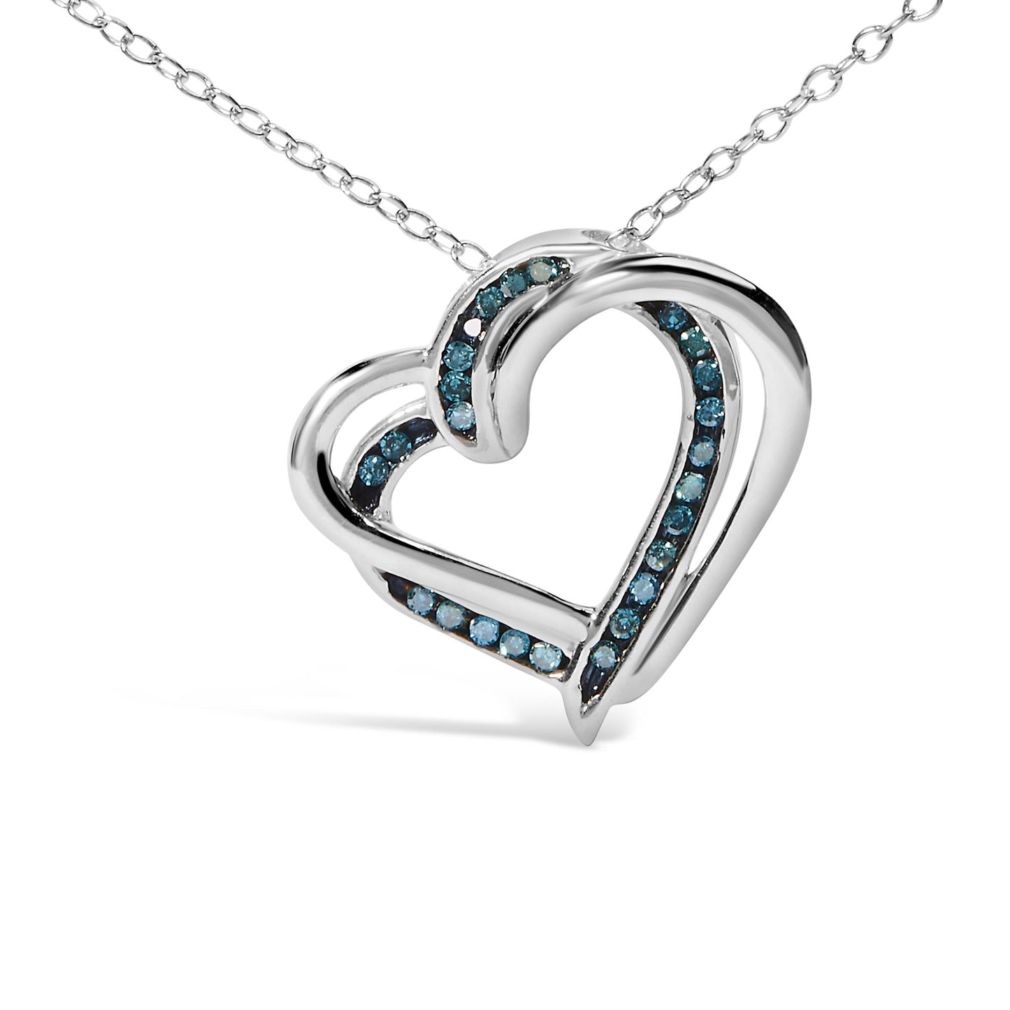 Close-up front angle of a white metal heart-shaped necklace pendant with round blue gemstones set in a channel along the inner curves.
