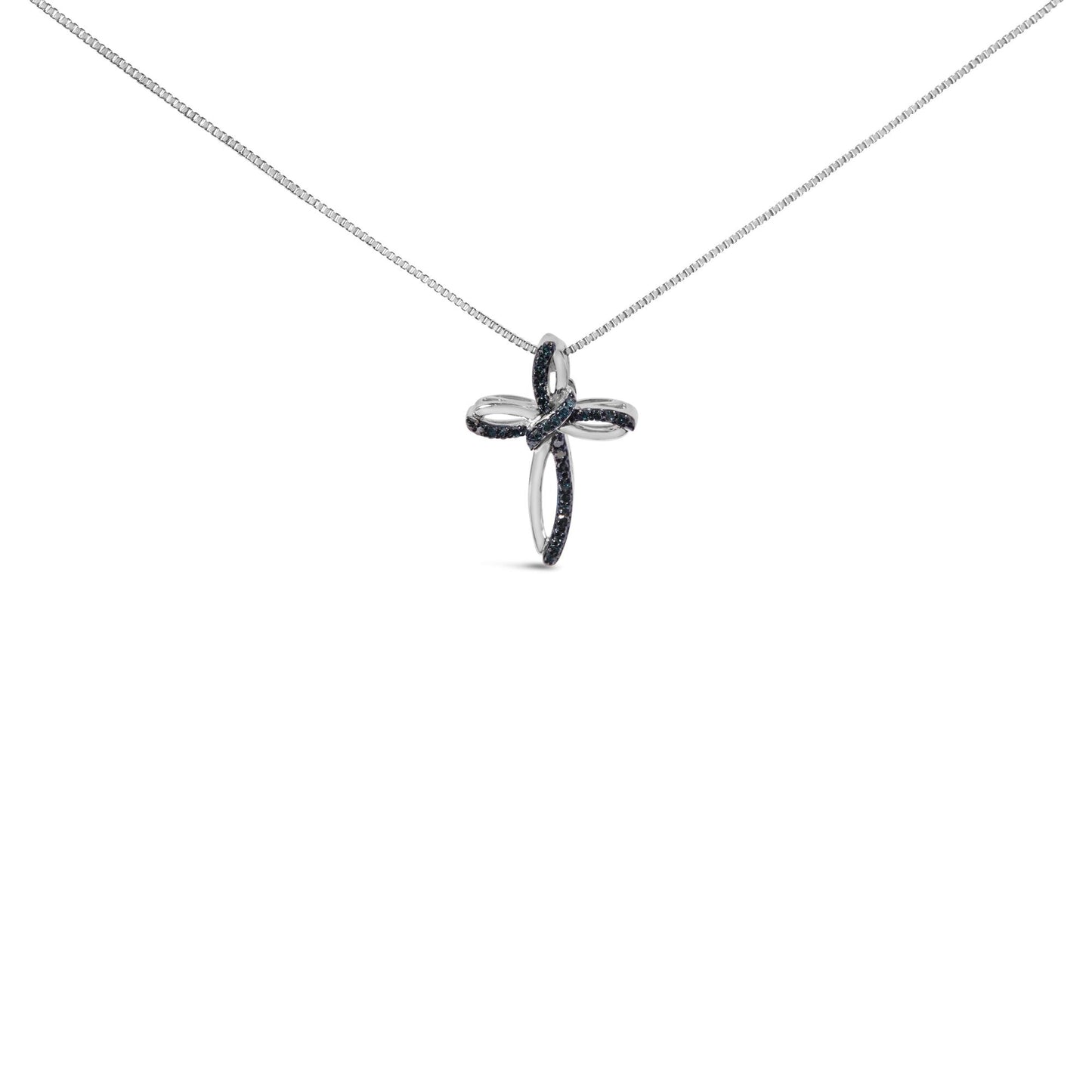 Front-facing shot of a white metal cross necklace pendant adorned with round blue gemstones in prong settings.