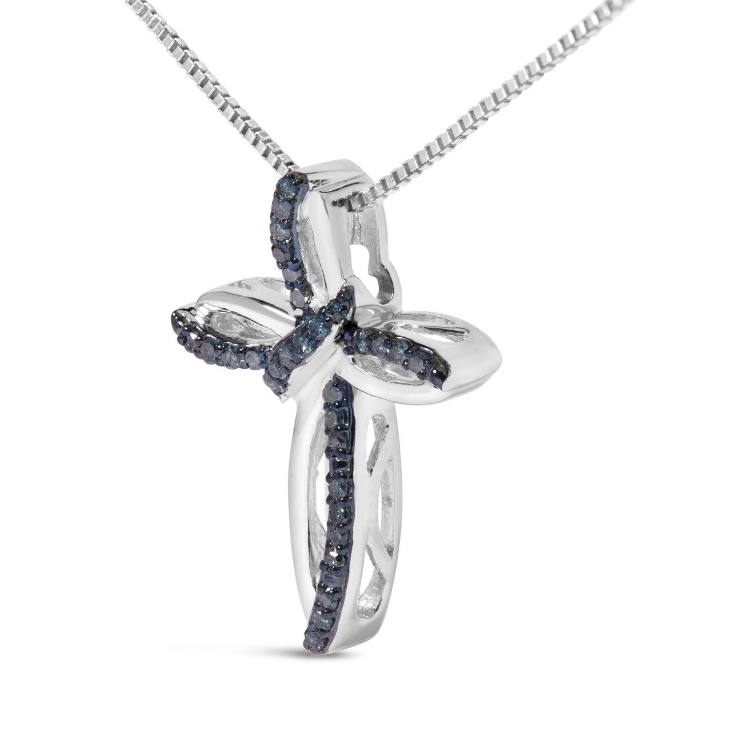Close-up front angled view of a white metal cross-shaped necklace pendant adorned with prong-set round blue gemstones along its arms, hanging from a white metal chain.