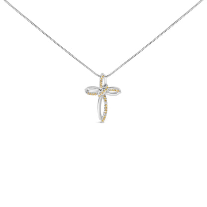 White necklace with cross-shaped pendant featuring yellow round gemstones in prong settings, shown from the front.