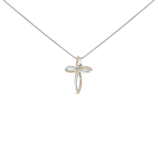 White necklace with cross-shaped pendant featuring yellow round gemstones in prong settings, shown from the front.