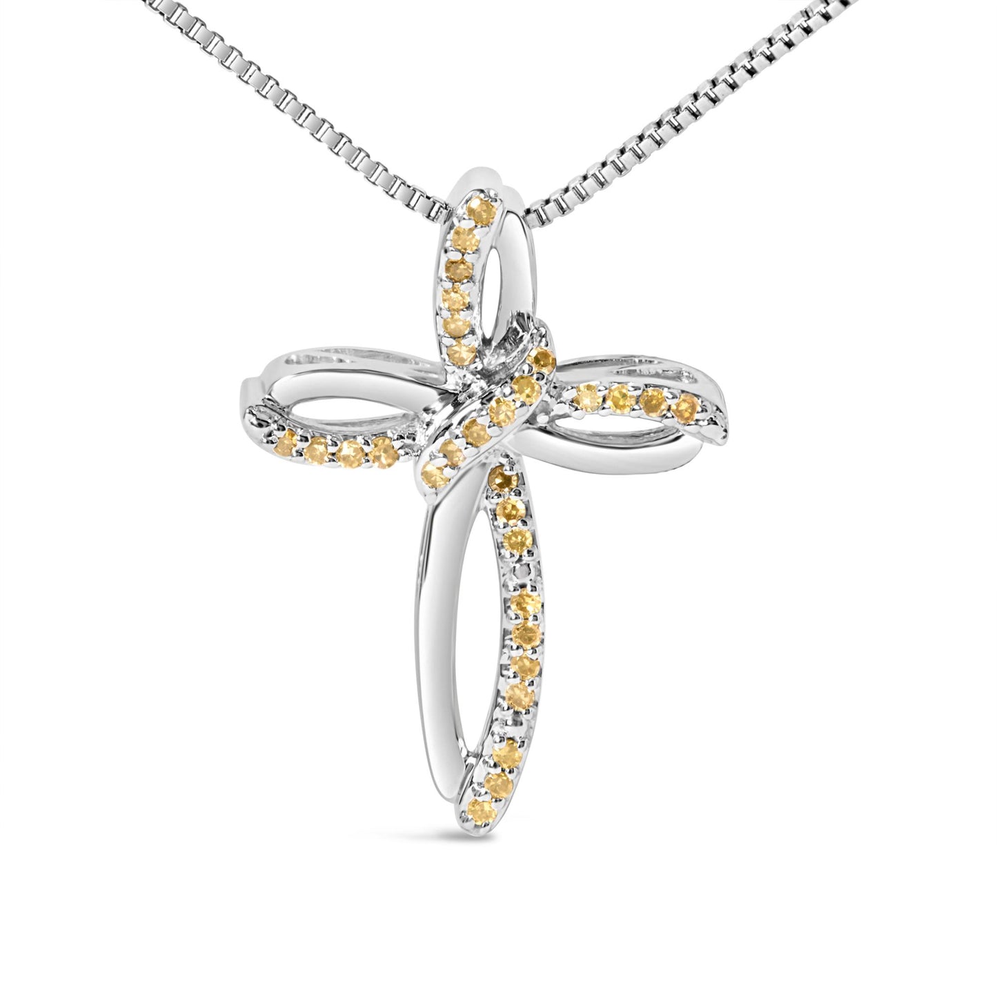 Front view of a white metal cross-shaped necklace pendant adorned with round yellow gemstones in prong settings along the loops, hanging from a box chain.