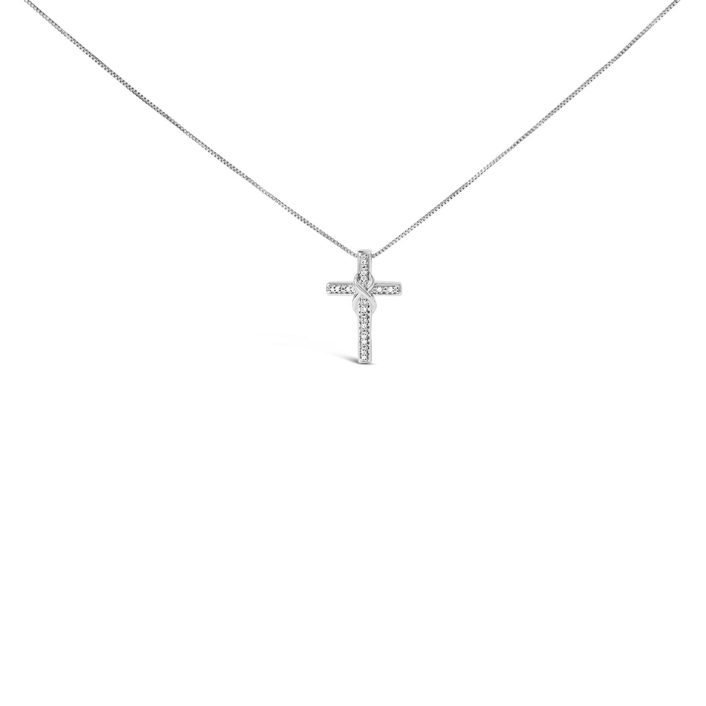 White metal necklace with a cross pendant featuring an intertwined design and round white gemstones in prong settings, front view.