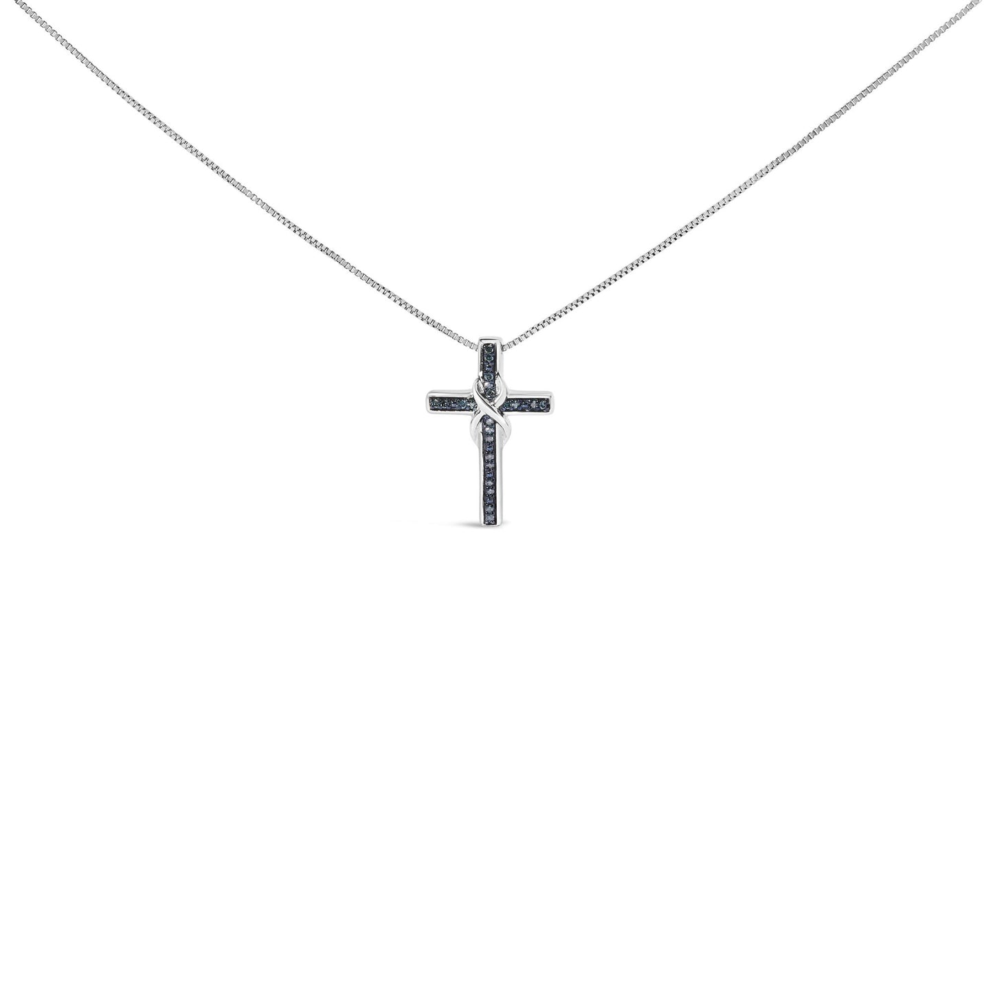 Front angle view of a white metal cross necklace with round prong-set blue gemstones on the pendant and chain.