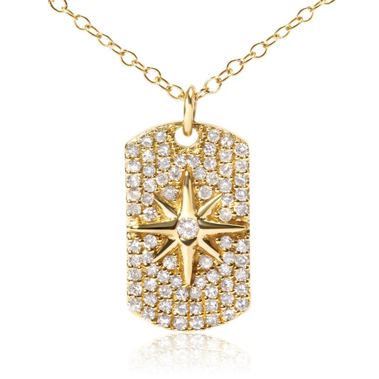 Front-facing shot of a yellow metal rectangular pendant necklace with rounded corners, featuring a central star design with a bezel-set white gemstone and surrounded by multiple prong-set white gemstones.