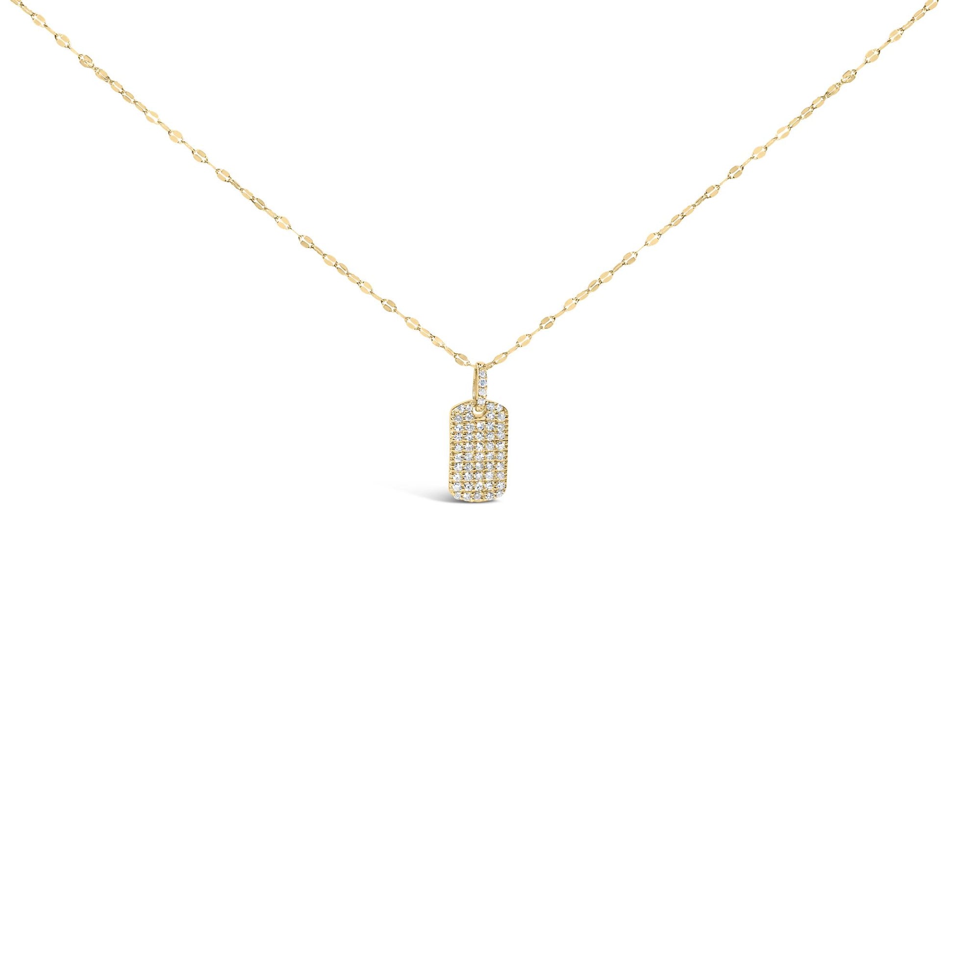Front-facing shot of a yellow metal necklace with a rectangular pendant adorned with multiple small white gemstones in prong settings.