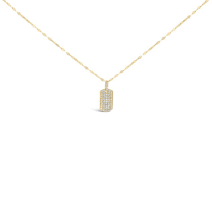 Front-facing shot of a yellow metal necklace with a rectangular pendant adorned with multiple small white gemstones in prong settings.