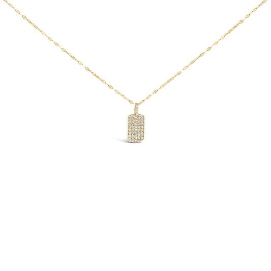 Front-facing shot of a yellow metal necklace with a rectangular pendant adorned with multiple small white gemstones in prong settings.
